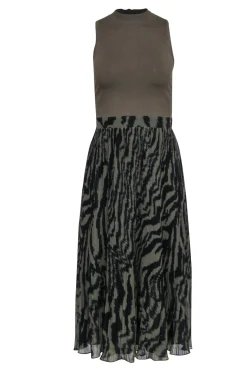 Ted Baker - Olive Knit Top Midi Dress w/ Pleated Zebra Print Skirt Sz 4
