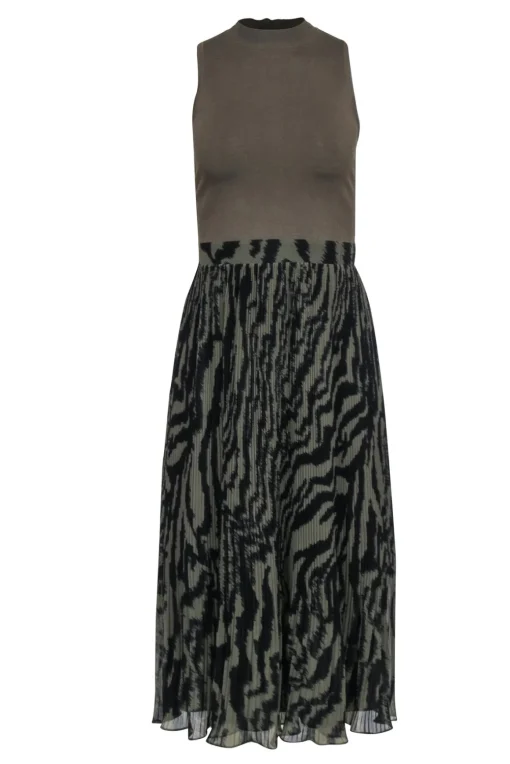Ted Baker - Olive Knit Top Midi Dress w/ Pleated Zebra Print Skirt Sz 4