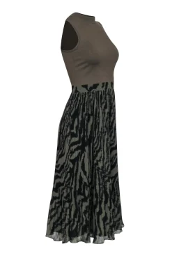 Ted Baker - Olive Knit Top Midi Dress w/ Pleated Zebra Print Skirt Sz 4