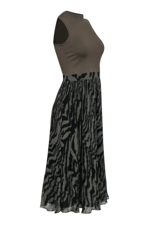 Ted Baker - Olive Knit Top Midi Dress w/ Pleated Zebra Print Skirt Sz 4