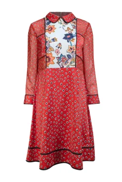 Ted Baker - Red & Black Floral Print Collared Satin Dress Sz 8