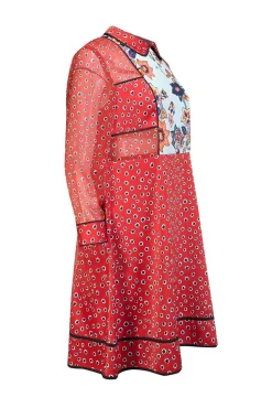 Ted Baker - Red & Black Floral Print Collared Satin Dress Sz 8