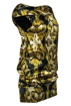 Ted Baker - Sleeveless Gold & Green Filigree Silk Dress w/ Cowl Neck Sz 6