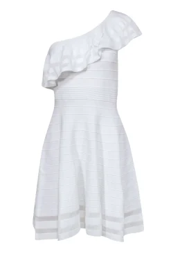 Ted Baker - White One Shoulder Fit & Flare Knit Dress w/ Shoulder Ruffle Sz 8