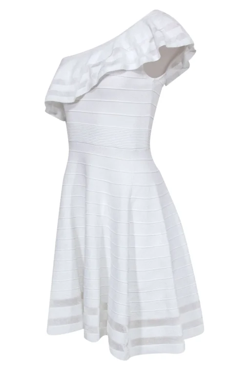 Ted Baker - White One Shoulder Fit & Flare Knit Dress w/ Shoulder Ruffle Sz 8