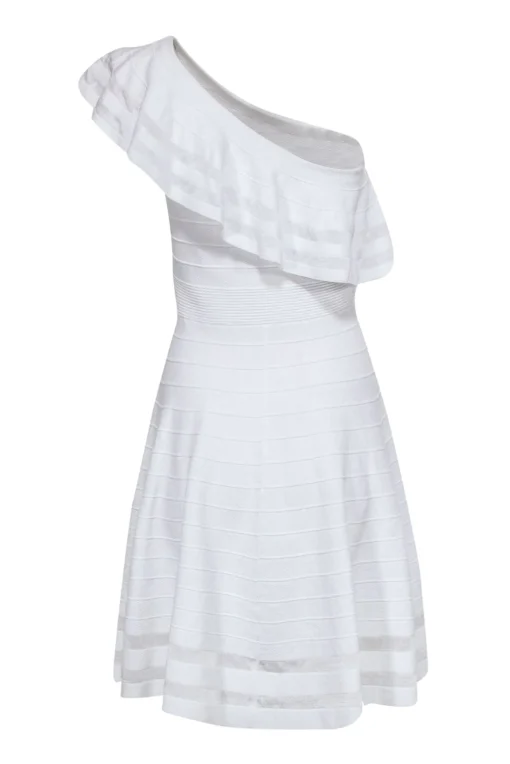 Ted Baker - White One Shoulder Fit & Flare Knit Dress w/ Shoulder Ruffle Sz 8