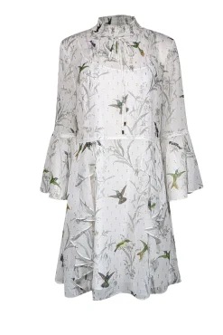 Ted Baker - White w/ Green Bird Print & Metallic Flecks Ruffled Dress Sz 4