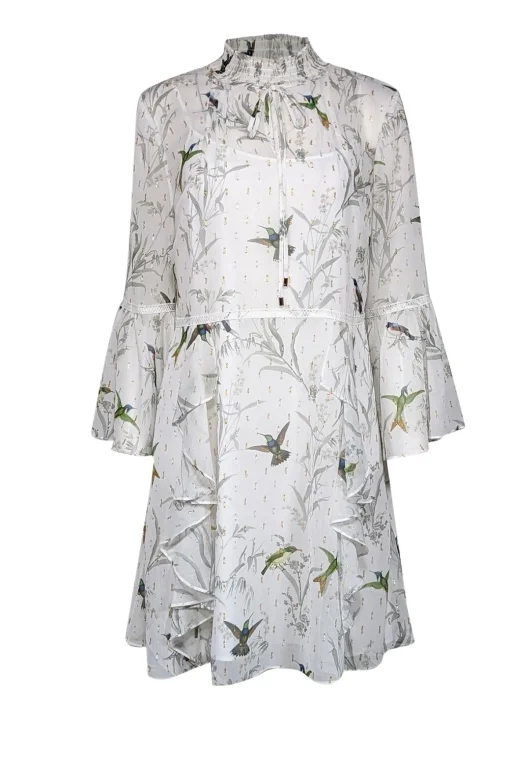 Ted Baker - White w/ Green Bird Print & Metallic Flecks Ruffled Dress Sz 4