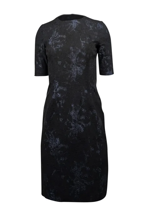 Teri Jon - Black & Metallic Navy Floral Brocade Dress Sz 2