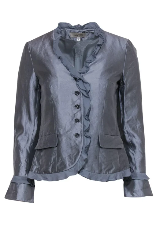 Teri Jon - Blueish Silver Silk Blend Ruffle Jacket Sz 4