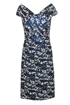 Teri Jon - Metallic Blue & White Print Off The Shoulder Dress Sz 12