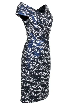 Teri Jon - Metallic Blue & White Print Off The Shoulder Dress Sz 12