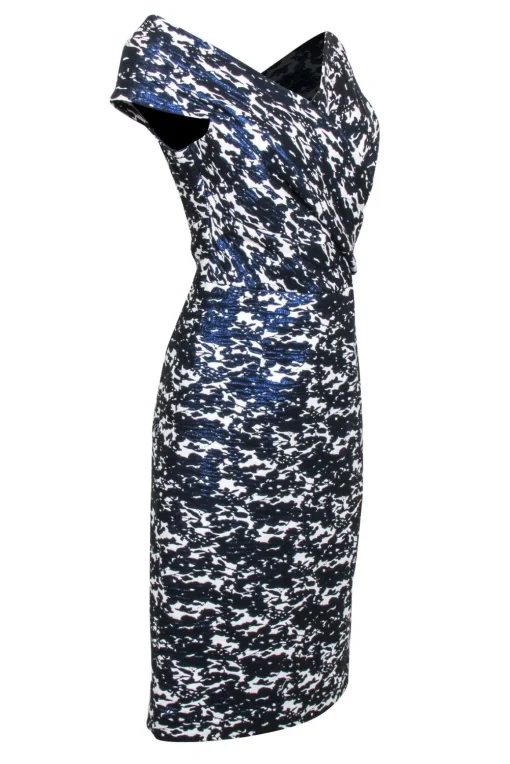 Teri Jon - Metallic Blue & White Print Off The Shoulder Dress Sz 12