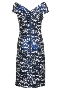 Teri Jon - Metallic Blue & White Print Off The Shoulder Dress Sz 12