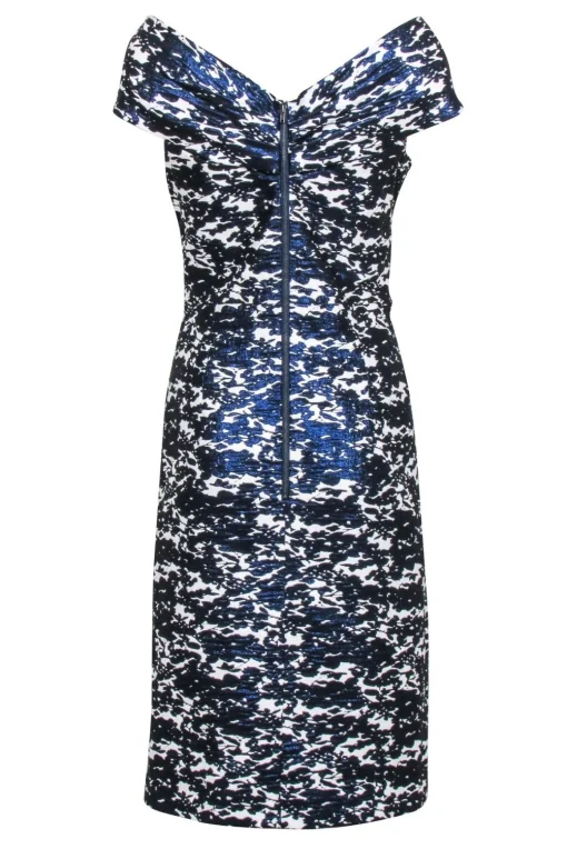 Teri Jon - Metallic Blue & White Print Off The Shoulder Dress Sz 12