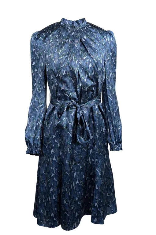 The Fold - Blue Leaf Print Silk A-Line Dress w/ Belt Sz 8
