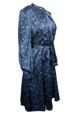 The Fold - Blue Leaf Print Silk A-Line Dress w/ Belt Sz 8