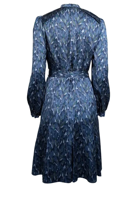 The Fold - Blue Leaf Print Silk A-Line Dress w/ Belt Sz 8