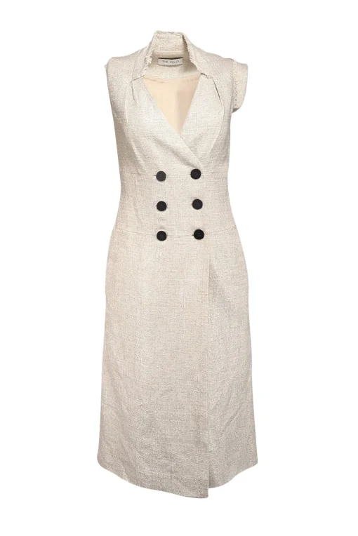 The Fold - Cream Textured Linen Blend Double Breasted Dress Sz 4