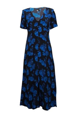 The Kooples - Black & Blue Dot & Rose Print Midi Dress Sz 4