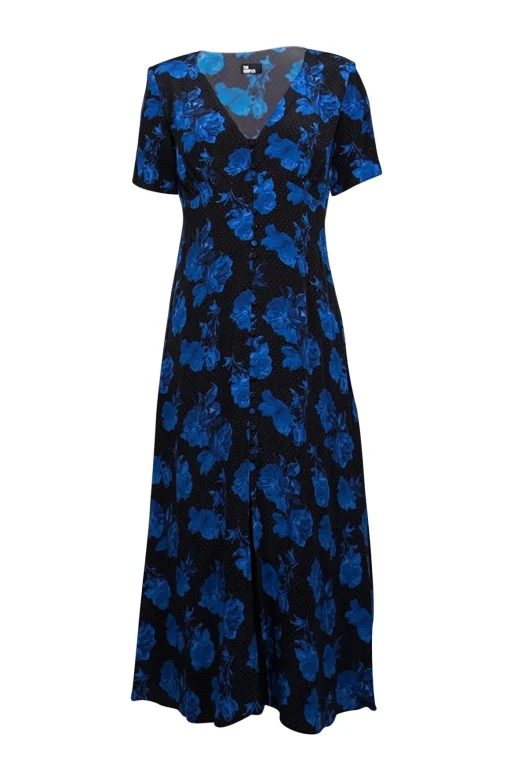 The Kooples - Black & Blue Dot & Rose Print Midi Dress Sz 4