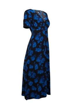 The Kooples - Black & Blue Dot & Rose Print Midi Dress Sz 4