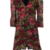 The Kooples - Black, Red, & Green Rose Print Swiss Dot Silk Dress Sz S