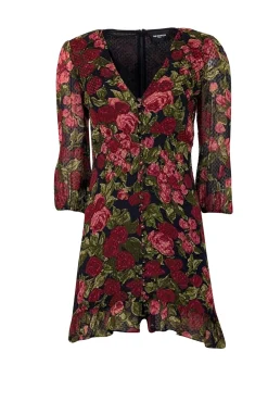 The Kooples - Black, Red, & Green Rose Print Swiss Dot Silk Dress Sz S