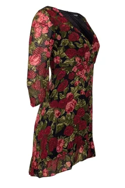 The Kooples - Black, Red, & Green Rose Print Swiss Dot Silk Dress Sz S