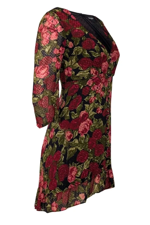The Kooples - Black, Red, & Green Rose Print Swiss Dot Silk Dress Sz S