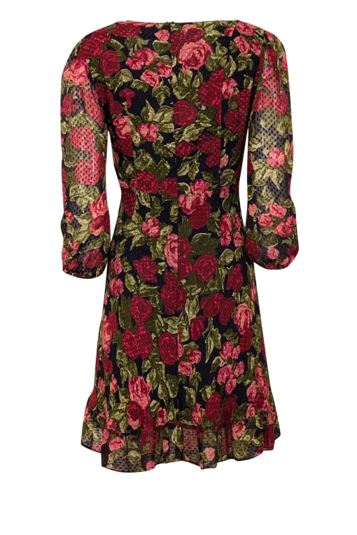 The Kooples - Black, Red, & Green Rose Print Swiss Dot Silk Dress Sz S