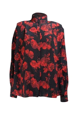 The Kooples - Black w/ Red & White Floral Dot Print Silk Blouse Sz S