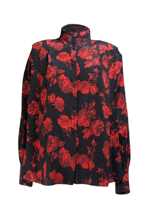 The Kooples - Black w/ Red & White Floral Dot Print Silk Blouse Sz S