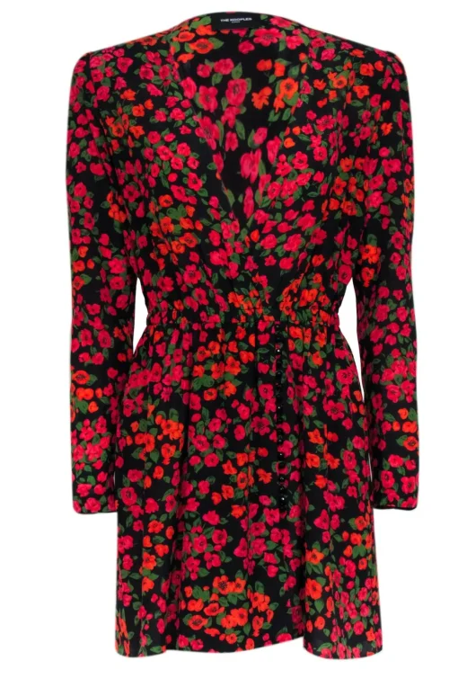 The Kooples - Black w/ Red & Orange Floral Print Silk Dress Sz L