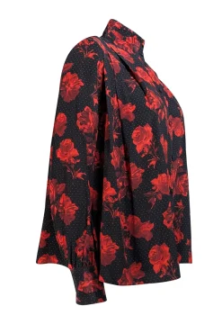 The Kooples - Black w/ Red & White Floral Dot Print Silk Blouse Sz S