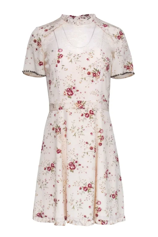 The Kooples - Cream Floral Silk Short Sleeve Mini Dress Sz XS