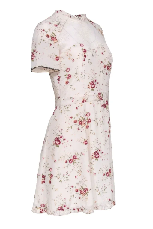 The Kooples - Cream Floral Silk Short Sleeve Mini Dress Sz XS