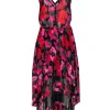 The Kooples Red & Pink Floral on Black Base Sleeveless Pleated Skirt Dress Sz 2