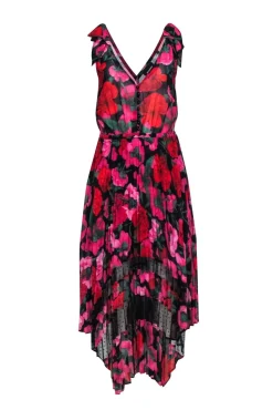 The Kooples Red & Pink Floral on Black Base Sleeveless Pleated Skirt Dress Sz 2