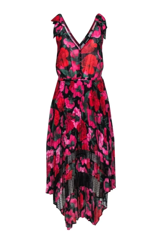 The Kooples Red & Pink Floral on Black Base Sleeveless Pleated Skirt Dress Sz 2