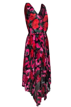 The Kooples Red & Pink Floral on Black Base Sleeveless Pleated Skirt Dress Sz 2