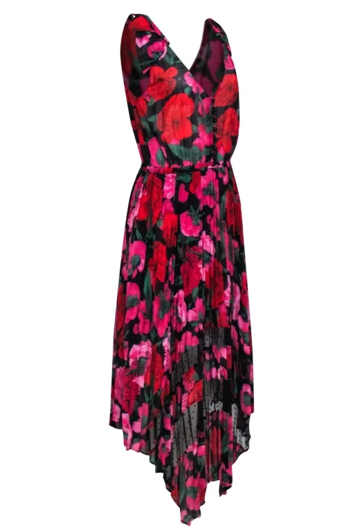 The Kooples Red & Pink Floral on Black Base Sleeveless Pleated Skirt Dress Sz 2