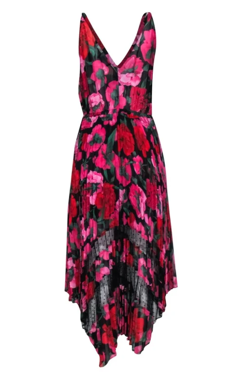 The Kooples Red & Pink Floral on Black Base Sleeveless Pleated Skirt Dress Sz 2