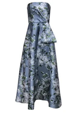 Theia - Light Blue, Green & White Floral Strapless Gown w/ Pleated Sash Sz 8