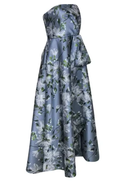 Theia - Light Blue, Green & White Floral Strapless Gown w/ Pleated Sash Sz 8
