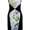 Theia - Navy w/ Multi Color Floral Patterned Front Dress Sz 8