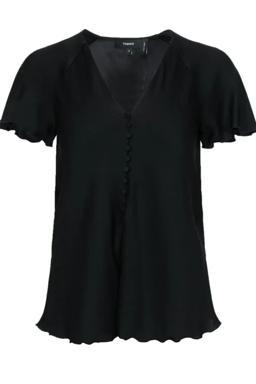 Theory - Black Short Sleeve Button-Front Silk Blouse Sz P