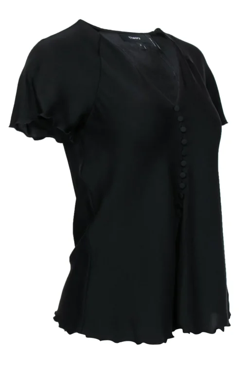 Theory - Black Short Sleeve Button-Front Silk Blouse Sz P