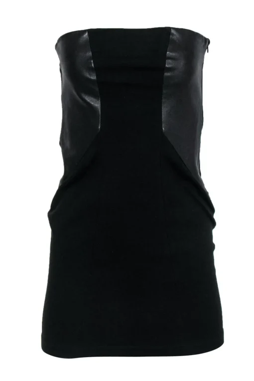 Theory - Black Strapless Bodycon Dress w/ Faux Leather Paneling Sz 6