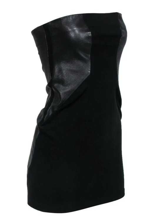 Theory - Black Strapless Bodycon Dress w/ Faux Leather Paneling Sz 6